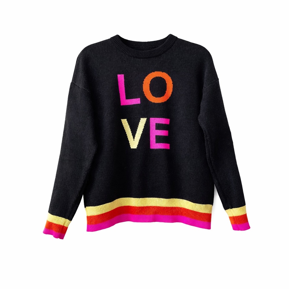 The Tellier LOVE Graphic Knit Sweater Black Rainbow Stripe Women’s Small - Picture 1 of 8
